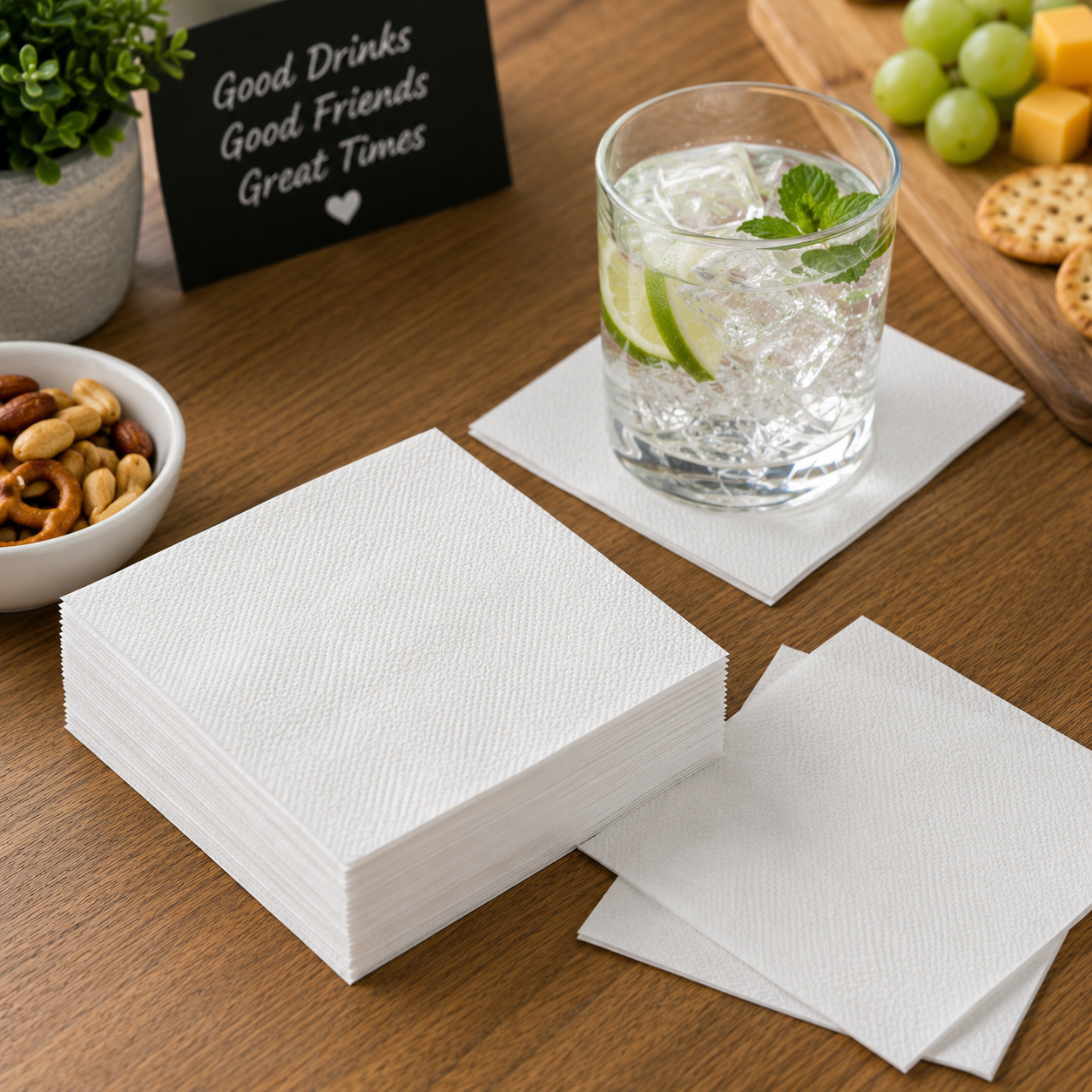 Earth Eco white cocktail napkins displayed beside a cold drink, cheese board, nuts and party snacks on a timber table.