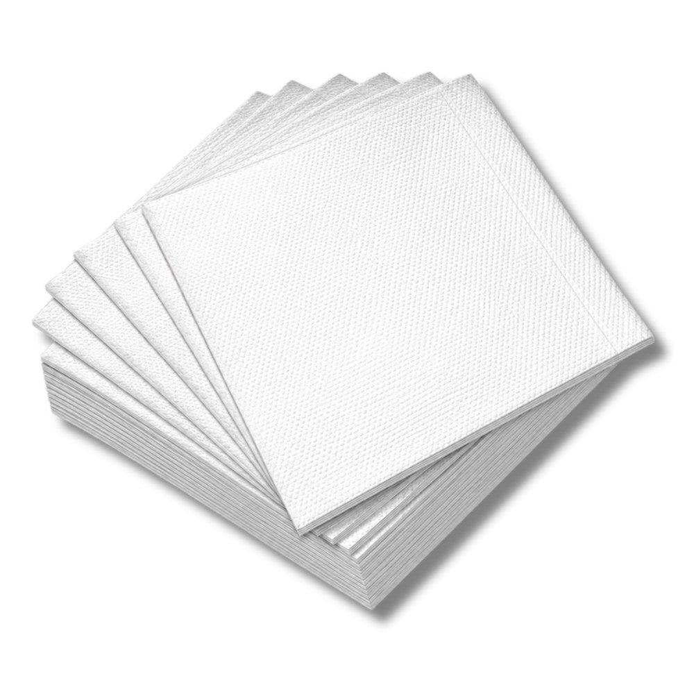 Square white Earth Eco cocktail napkins fanned out, showing an embossed weave pattern and a pressed border around the edge