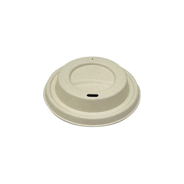 Earth Eco lid for 12oz and 16oz cups, a natural toned moulded dome with a recessed top, an oval sip opening and a pin hole vent