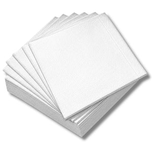 Earth Eco white 1 ply lunch napkins folded into quarters and fanned out in a stack, showing the embossed pattern on each sheet