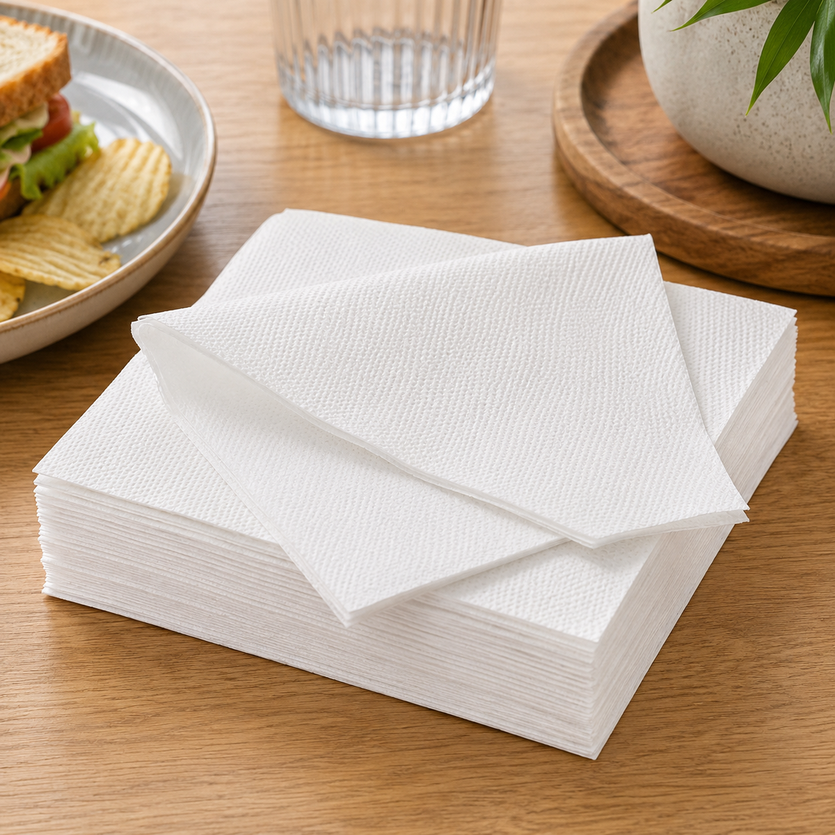White napkins stacked on a wooden table beside a sandwich, potato chips and a glass of water