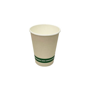 Earth Eco 12oz single wall paper cup, cream and natural toned with a rolled rim and a dark green printed band near the base