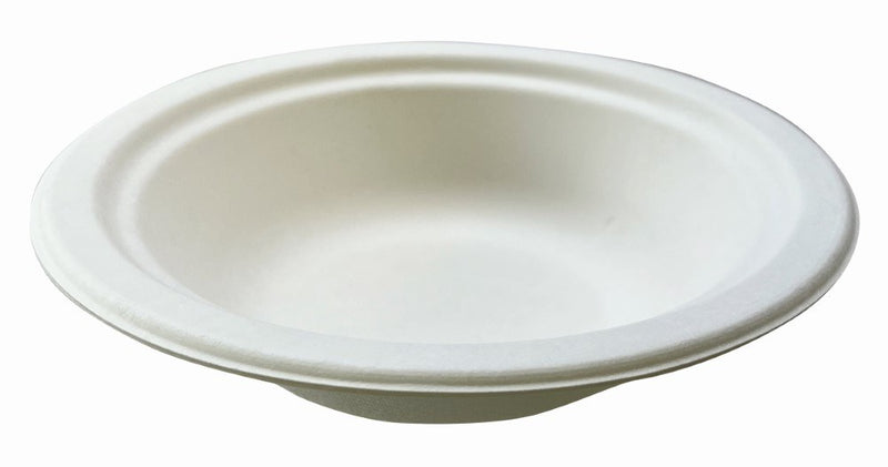 Side view of the Earth Eco sugarcane bowl showing the low sloping walls, flat base and wide rim of the 180mm bowl