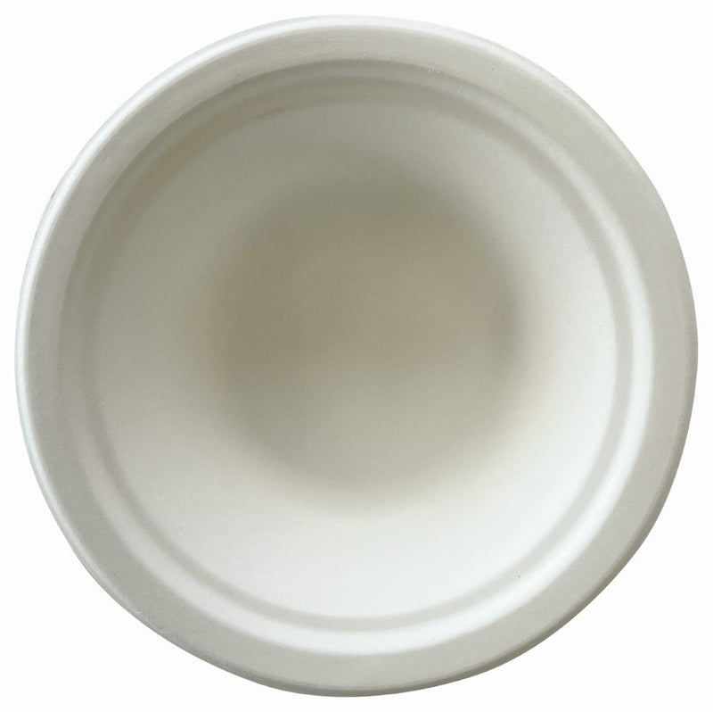 Earth Eco sugarcane bowl seen from directly above, a plain round off white bowl with a moulded ring where the rim meets the well