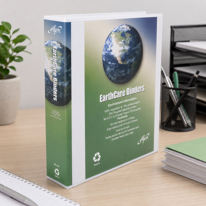The Earthcare A4 Insert Binder standing upright on an organised office desk surrounded by stationery, document trays and neatly stacked papers. The image showcases the binder's clean white finish, wide 40mm spine and professional design for everyday office filing and document storage.
