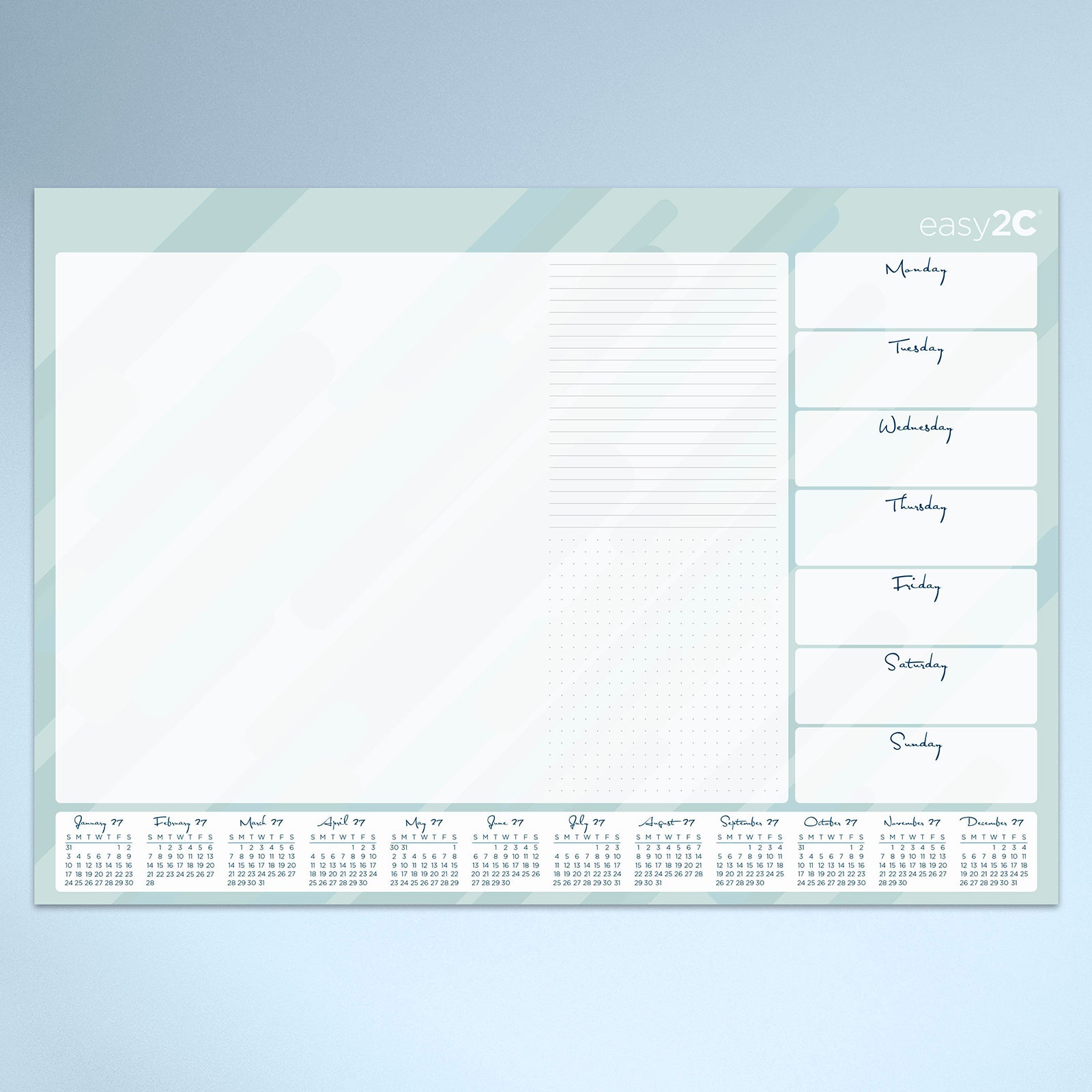 A clean front view of the Easy2C 2027 desk pad on a neutral background, showcasing the full 600 x 420mm planning surface, weekly schedule columns, note sections and twelve month reference calendars for easy year round organisation.