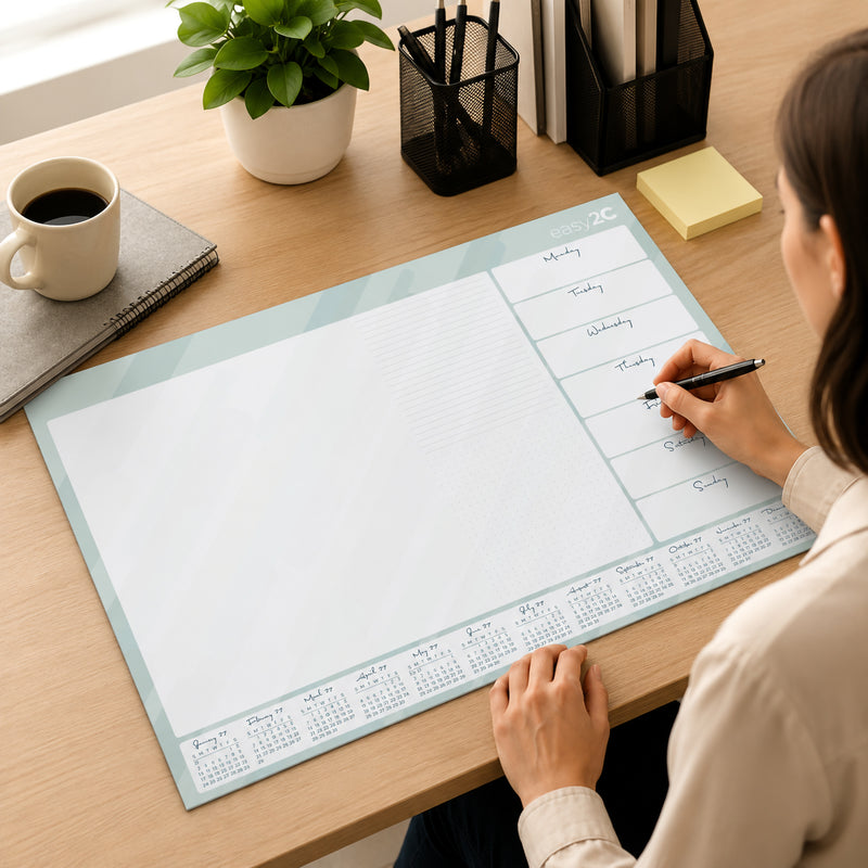 A lifestyle workspace showing the Easy2C 2027 desk pad in use by a professional writing weekly appointments. The large planner sits neatly on a timber desk alongside office accessories, highlighting the generous writing space and practical weekly layout.