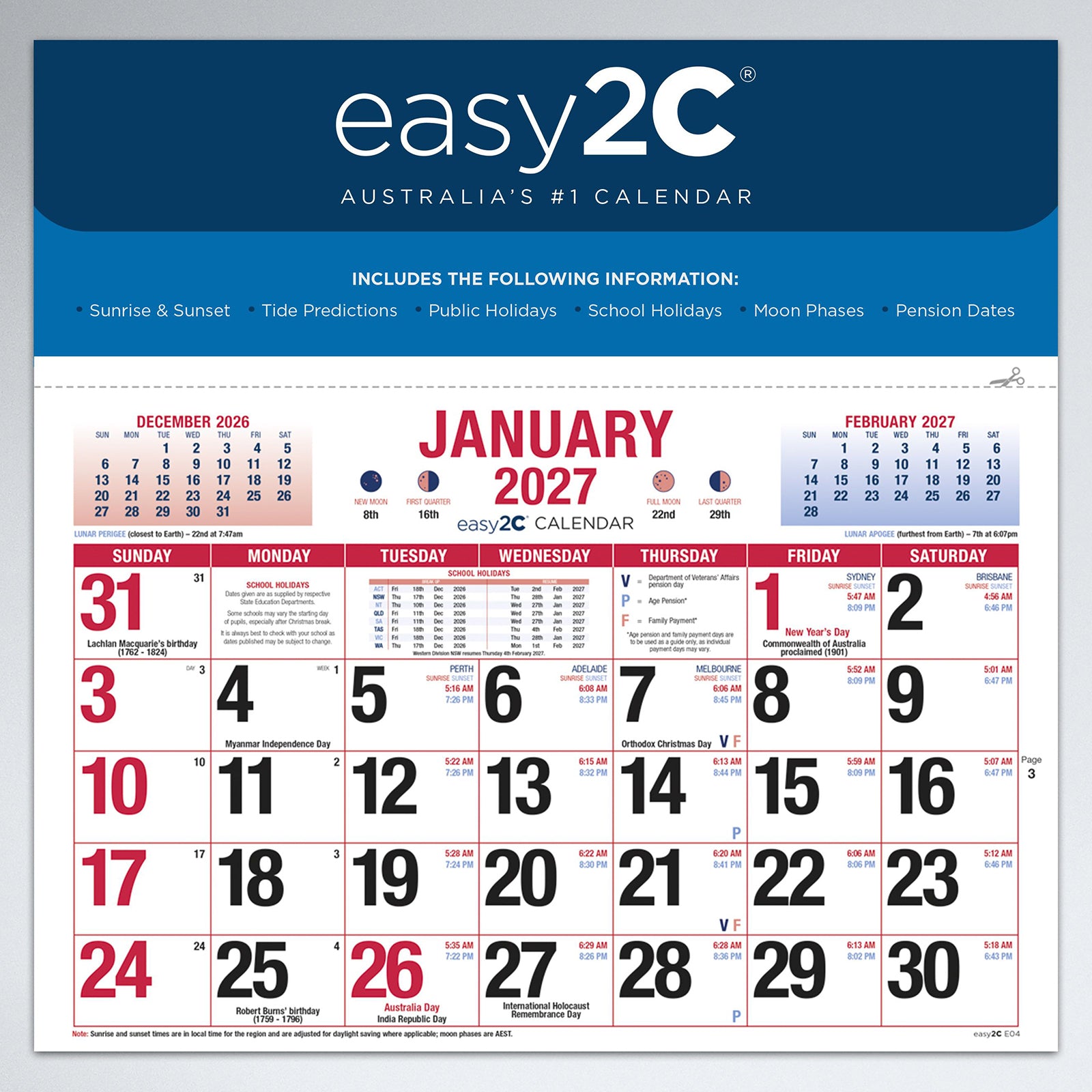 A close up front view of the Easy2C Calendar 2027 Magnetic displayed on a metallic surface. The compact monthly planner features large, easy to read date boxes with Australian public holidays, school term dates, moon phases, sunrise and sunset times, tide predictions, pension days and previous and forward month references, making it ideal for refrigerators, offices and shared family spaces.