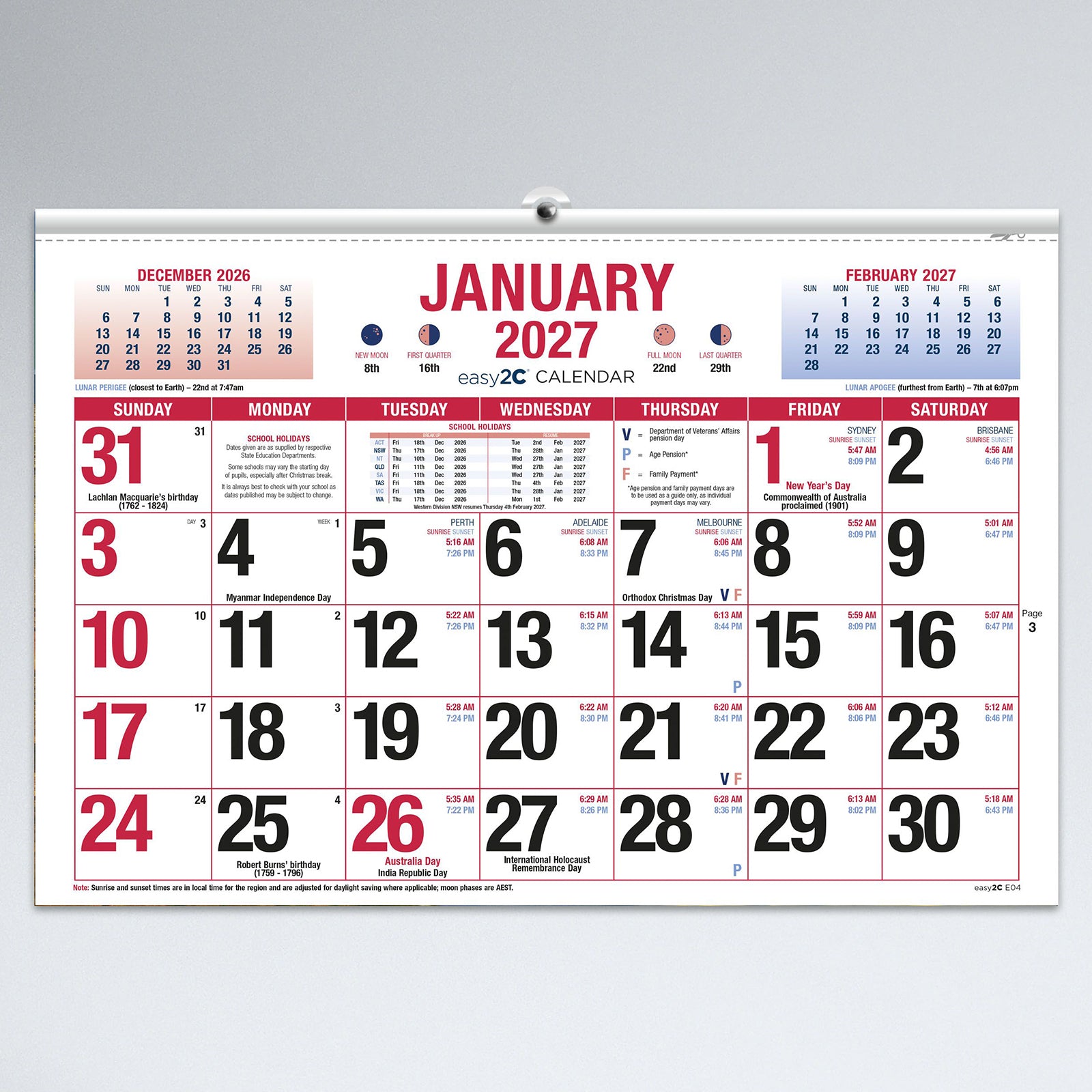Close up front view of the Easy2C 2027 Australian Date Pad showing the January calendar page with oversized daily date boxes, Australian public holidays, lunar phases, school holiday information and sunrise and sunset reference details.