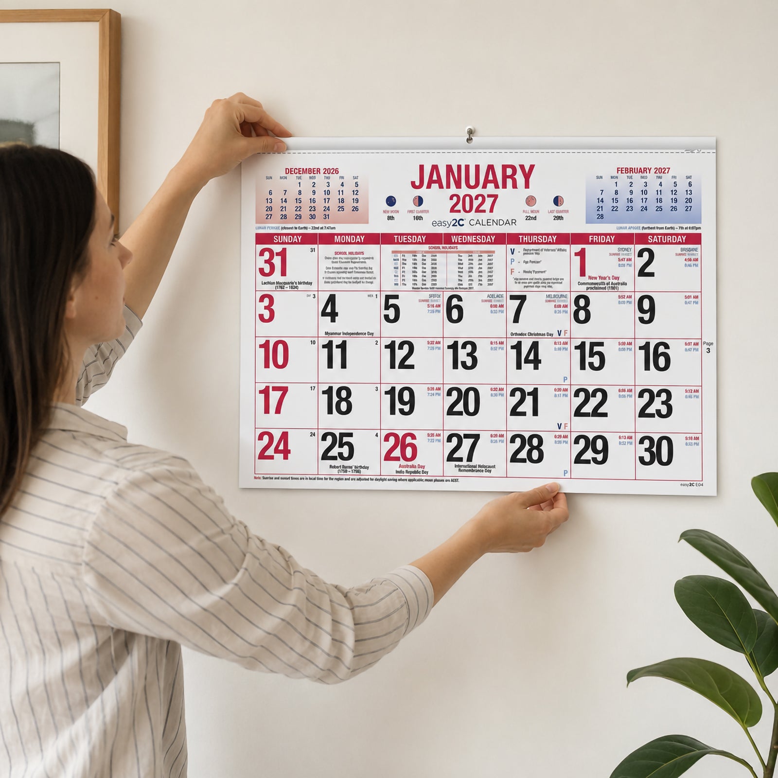 A person hangs the Easy2C 2027 Australian Date Pad calendar on a wall in a bright modern home office. The January monthly planner features large daily writing spaces with Australian holidays, lunar phases and important reference information for convenient everyday planning.