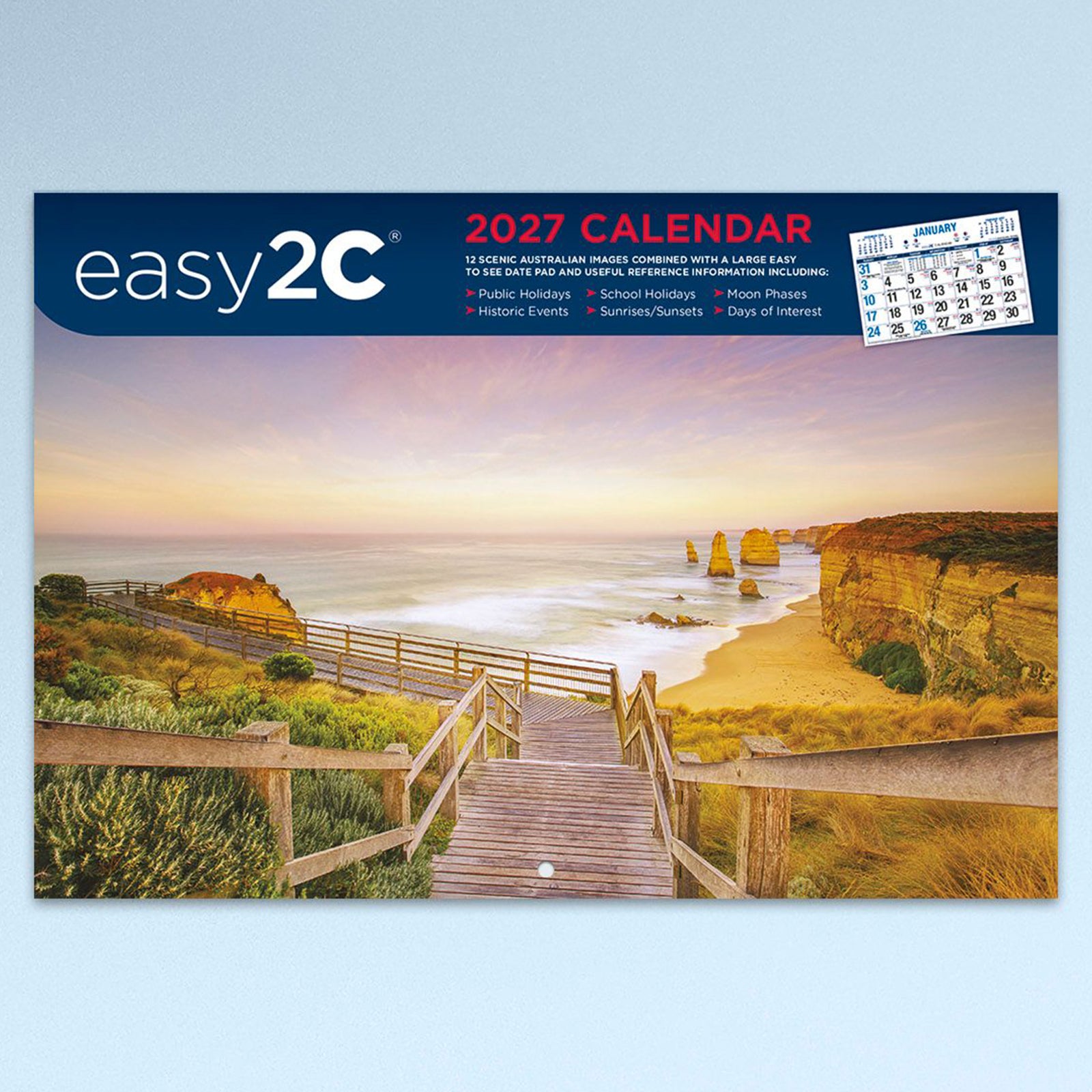 Front cover of the Easy2C Calendar 2027 Stitched A4 featuring the famous Twelve Apostles coastal landscape at sunset with Easy2C branding and calendar highlights, presented against a clean blue background.
