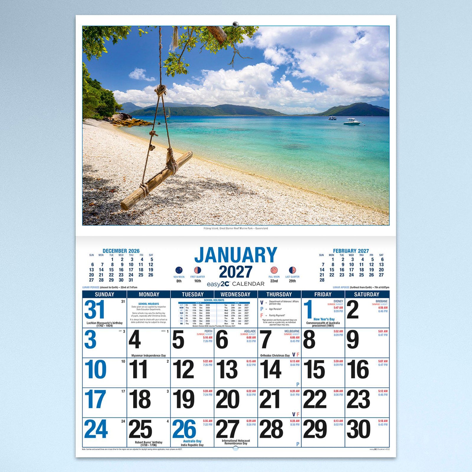 January calendar page featuring a tropical beach with a timber swing overlooking the turquoise waters of the Great Barrier Reef Marine Park, creating an inspiring start to the year with a practical monthly planner.