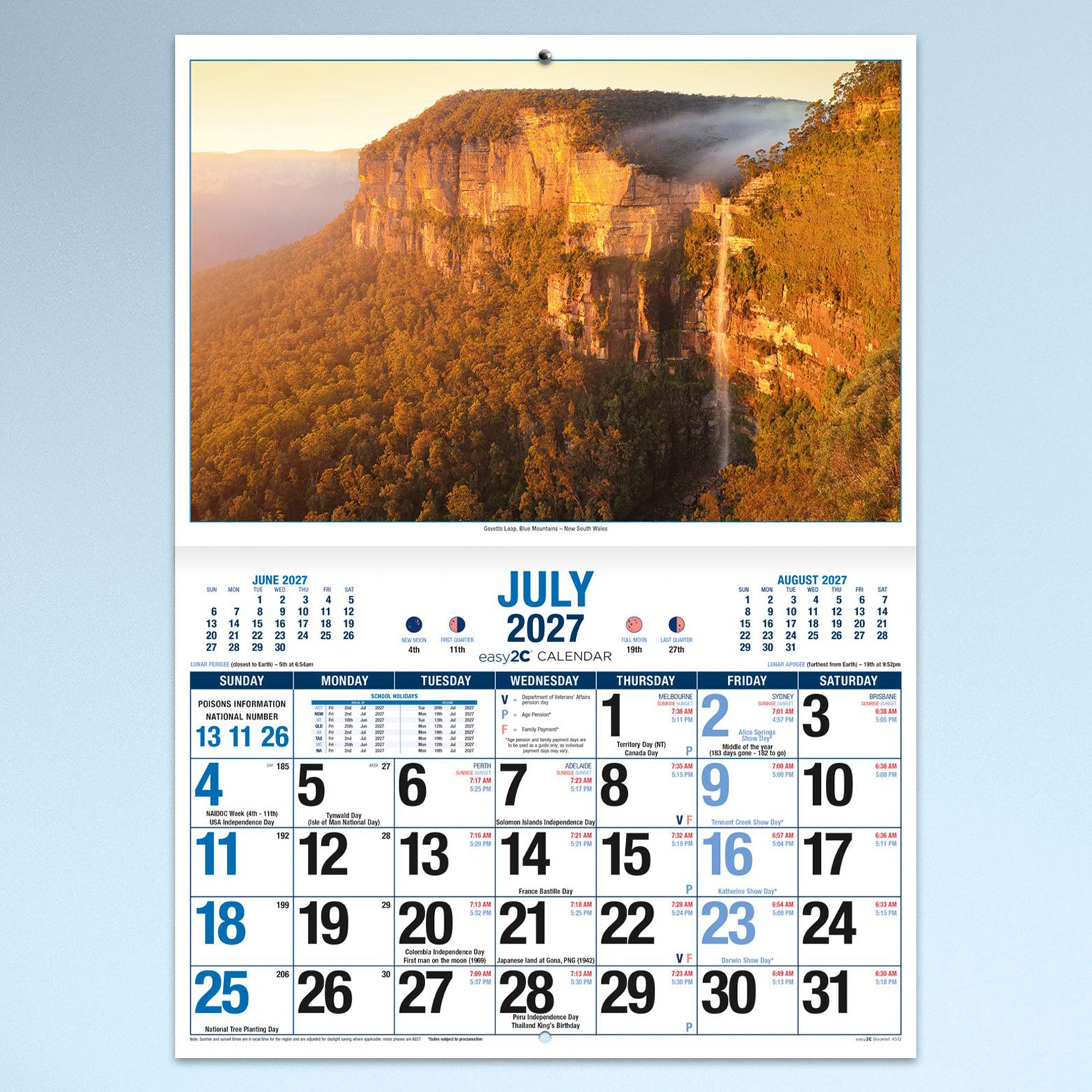 July calendar page featuring Govetts Leap in the Blue Mountains illuminated by warm morning light above the practical monthly planning grid for everyday scheduling.