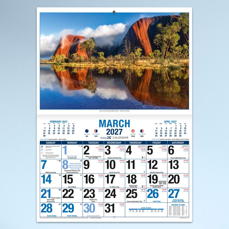March calendar page displaying the striking red formations of Uluru reflected in still water, combined with a bold monthly planner designed for organising work, family and personal events.