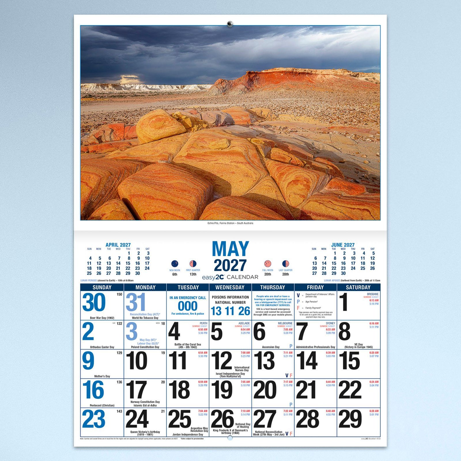 May calendar page showcasing the colourful Ochre Pits in South Australia under dramatic skies, paired with an easy to read monthly calendar and generous writing space.