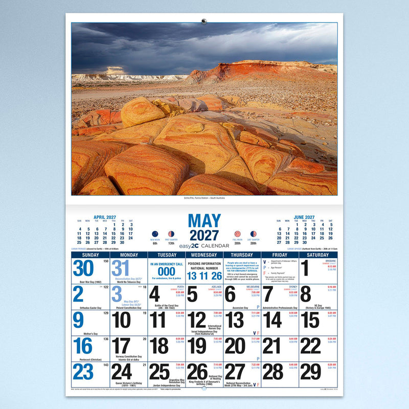 May calendar page showcasing the colourful Ochre Pits in South Australia under dramatic skies, paired with an easy to read monthly calendar and generous writing space.