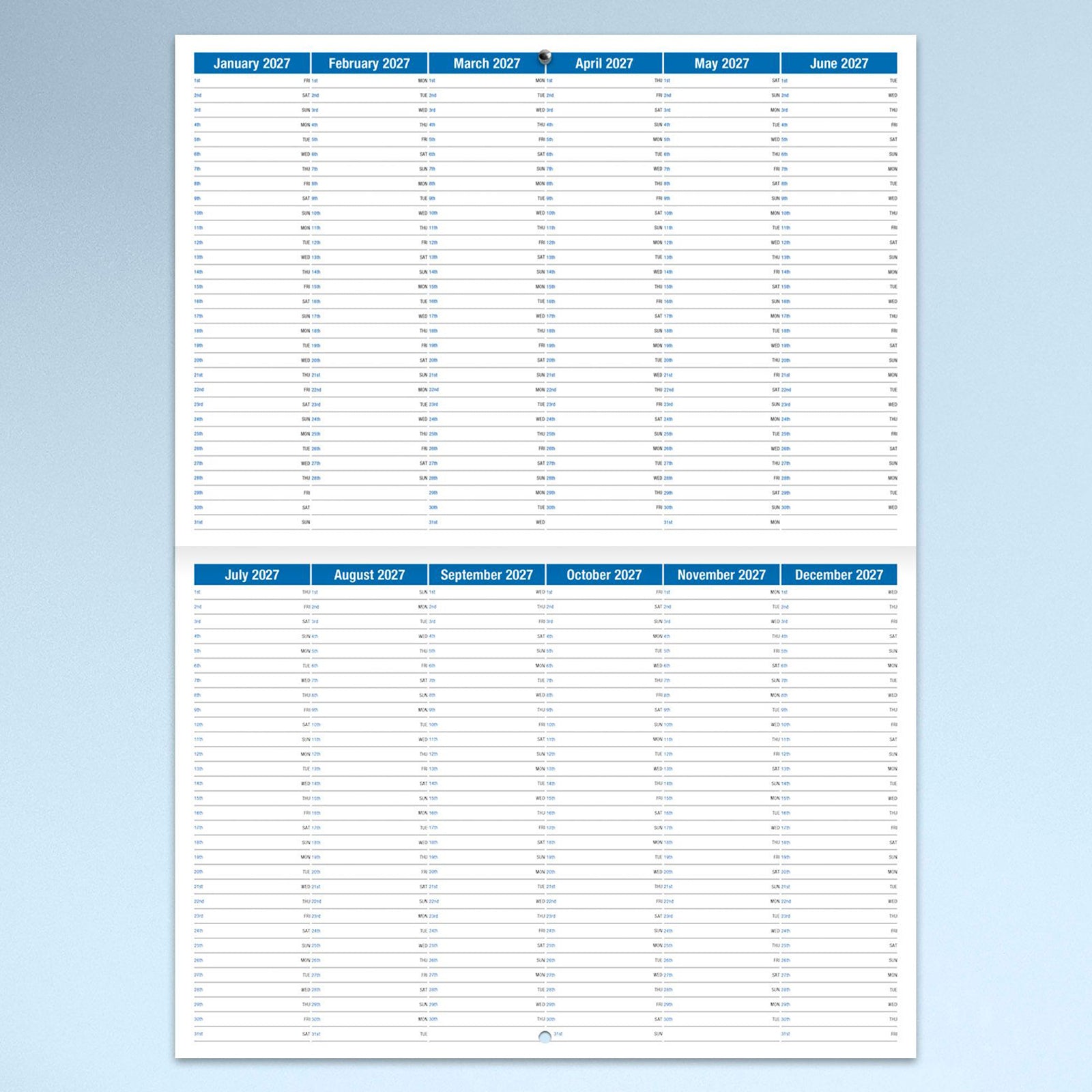 Full year planner page of the Easy2C Calendar 2027 Stitched A4 displaying all twelve months across a clean writing layout, ideal for long term scheduling, project planning and annual organisation.