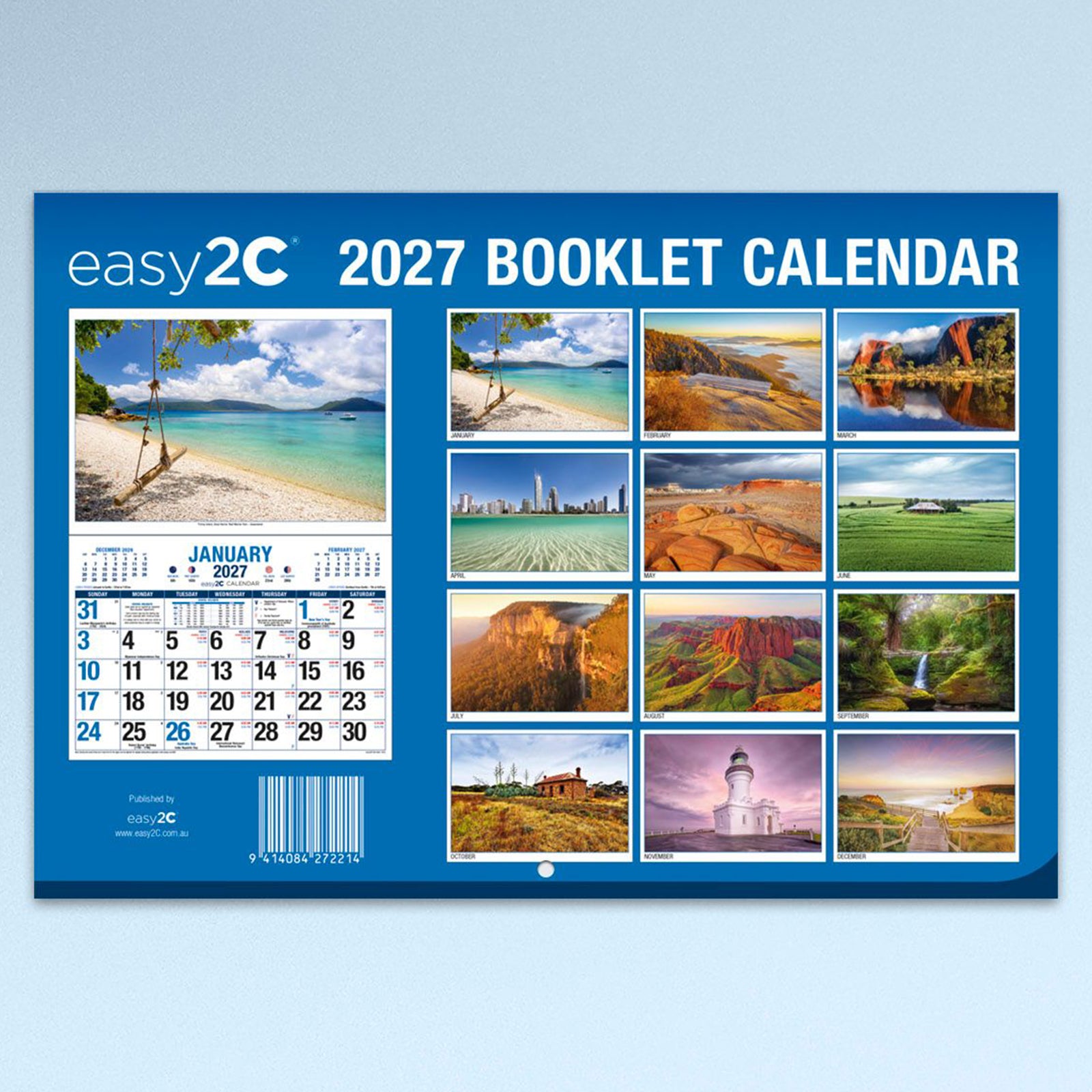 Rear view of the Easy2C Calendar 2027 Stitched A4 showing thumbnail previews of all twelve scenic Australian photographs included throughout the year alongside the calendar layout and product information.