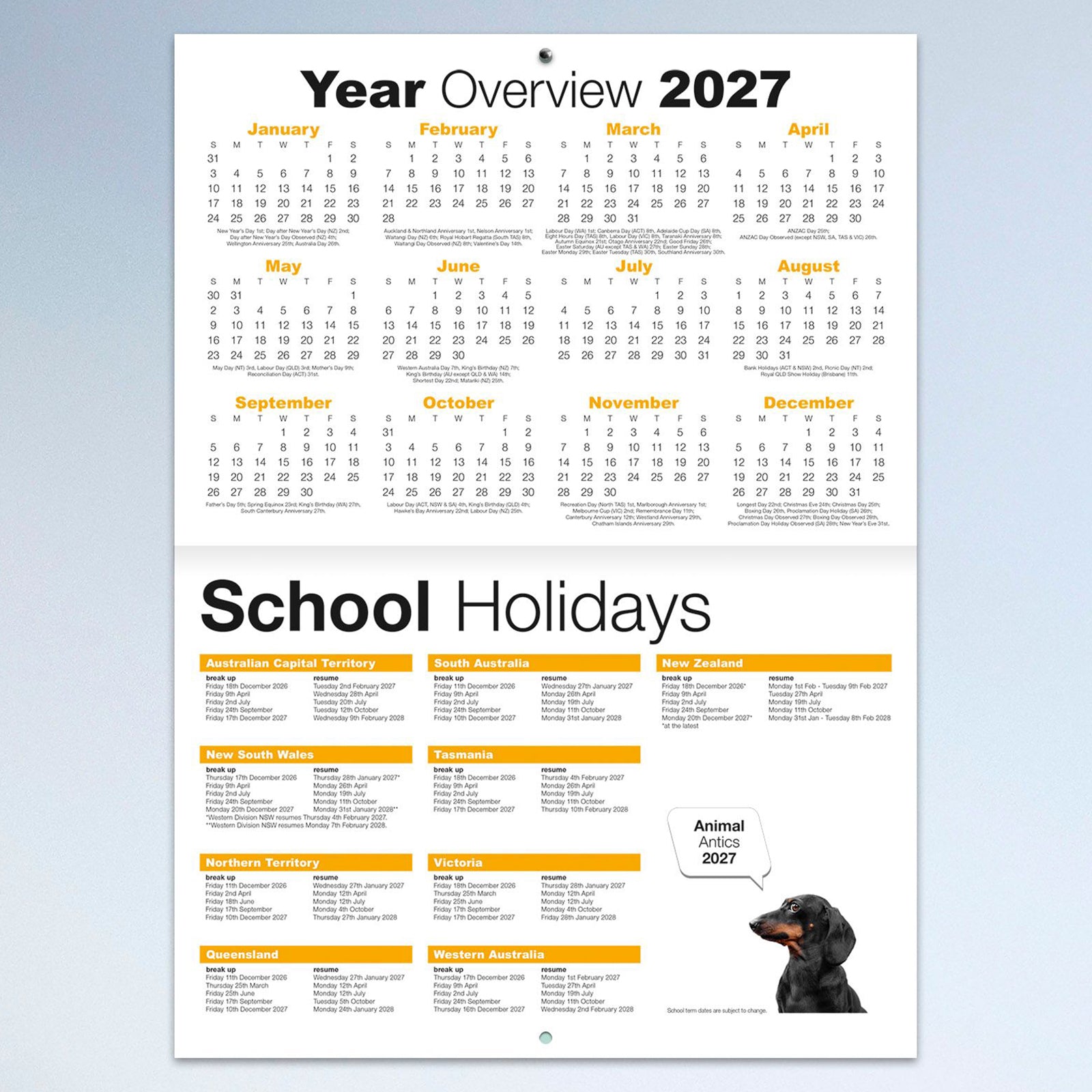 The included 2027 year planner and Australian school holiday reference page displaying all twelve months in one convenient overview with school holiday information for Australian states and New Zealand, making long term planning simple.