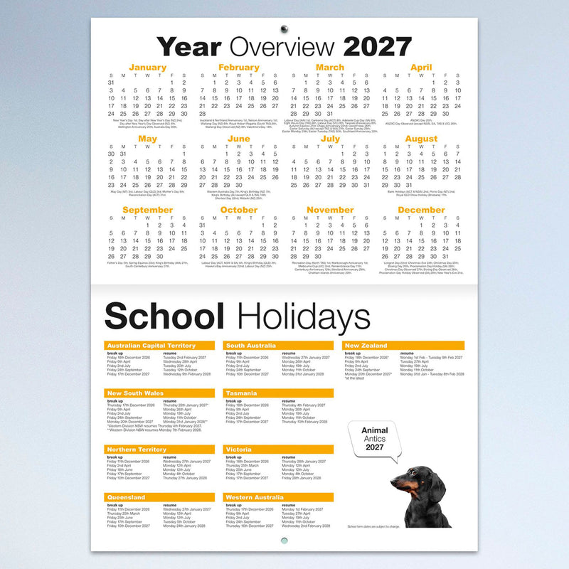 The included 2027 year planner and Australian school holiday reference page displaying all twelve months in one convenient overview with school holiday information for Australian states and New Zealand, making long term planning simple.