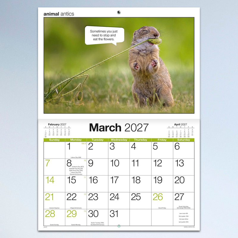 The March calendar page featuring a prairie dog carrying a flower with a humorous caption above the monthly calendar layout, adding personality to everyday scheduling.