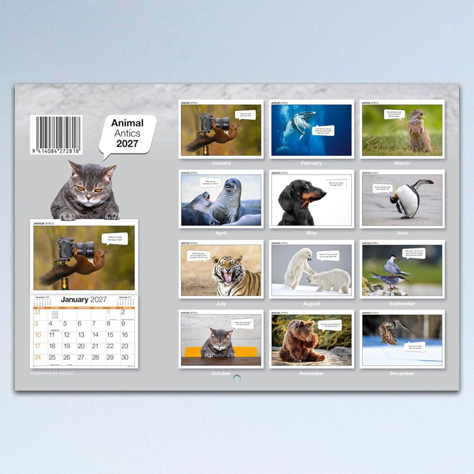 The rear cover of the Easy2C Animal Antics 2027 calendar showing thumbnail previews of all twelve monthly wildlife photographs, barcode information and product overview, allowing customers to preview the entertaining images included throughout the year.