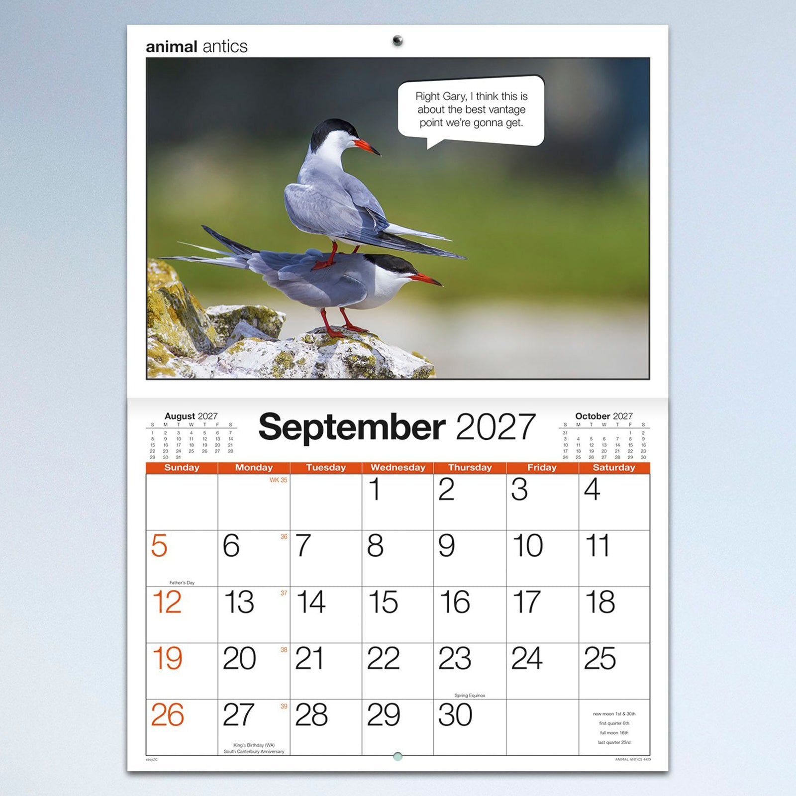 The September calendar page showcasing two birds with a playful caption above a clear monthly planner, combining entertaining wildlife photography with practical organisation.