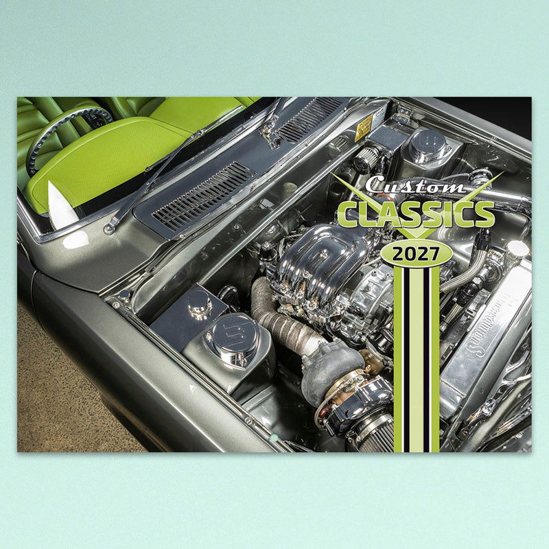 Close up of the Easy2C Calendar 2027 Stitched Custom Classics A4 cover highlighting the polished engine bay artwork and bold retro Custom Classics 2027 logo, creating an attractive gift for classic car enthusiasts.
