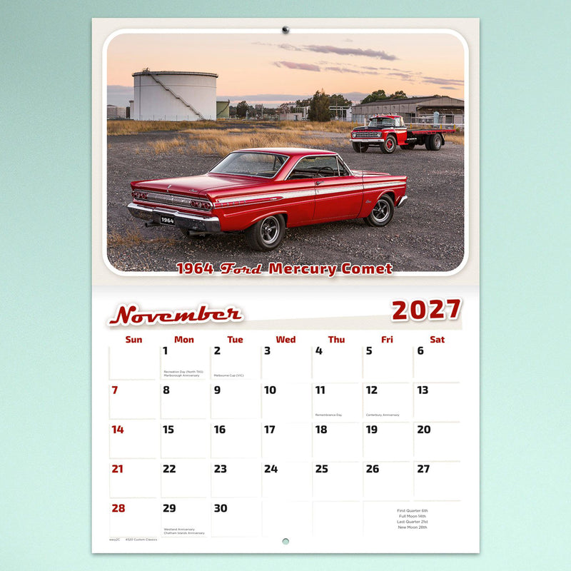 November page featuring a beautifully restored 1964 Ford Mercury Comet photographed at sunset above a spacious monthly calendar grid with plenty of room for appointments and reminders.