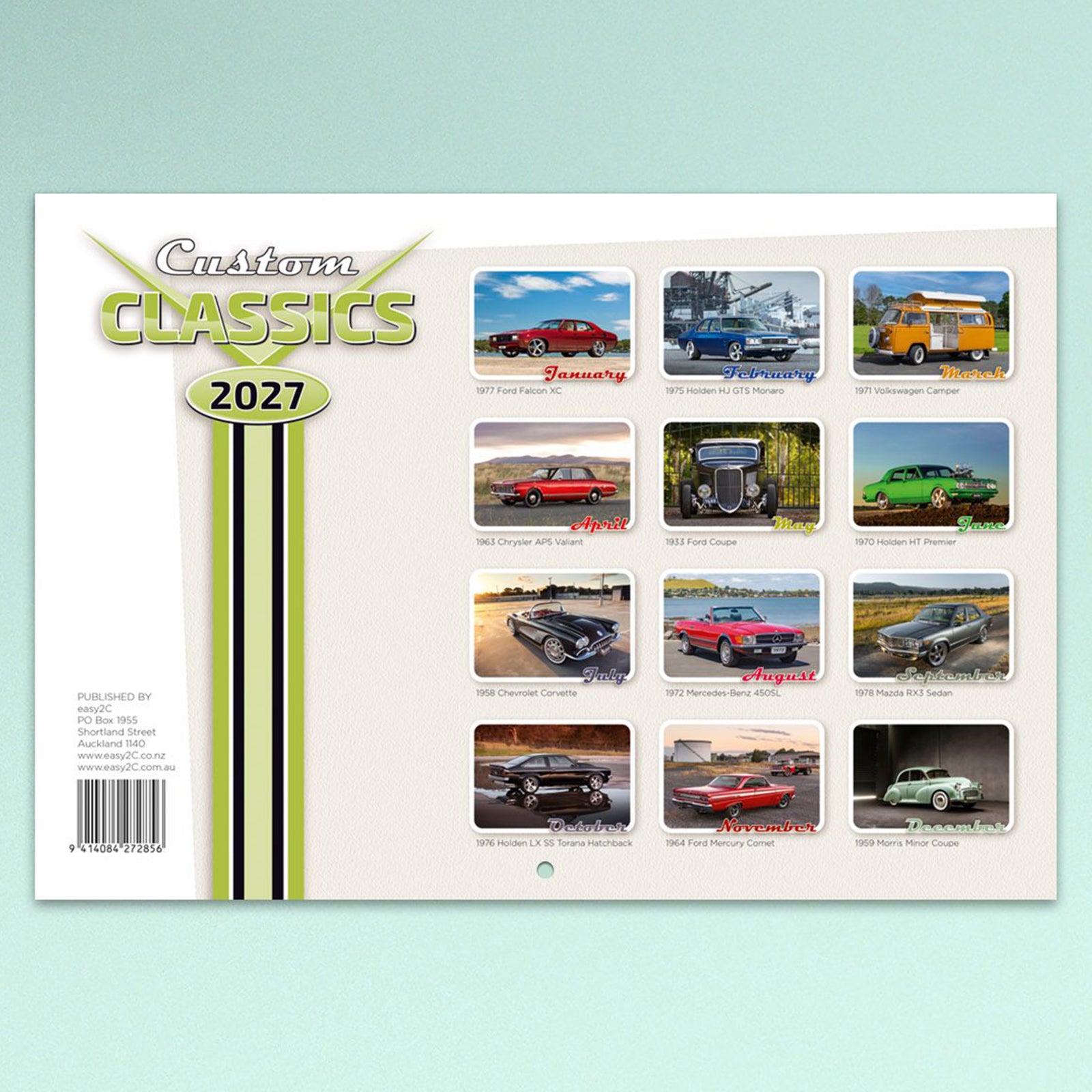 Rear cover of the Easy2C Calendar 2027 Stitched Custom Classics A4 displaying thumbnail previews of all twelve featured classic vehicles, allowing customers to see every monthly automotive photograph included in the calendar.