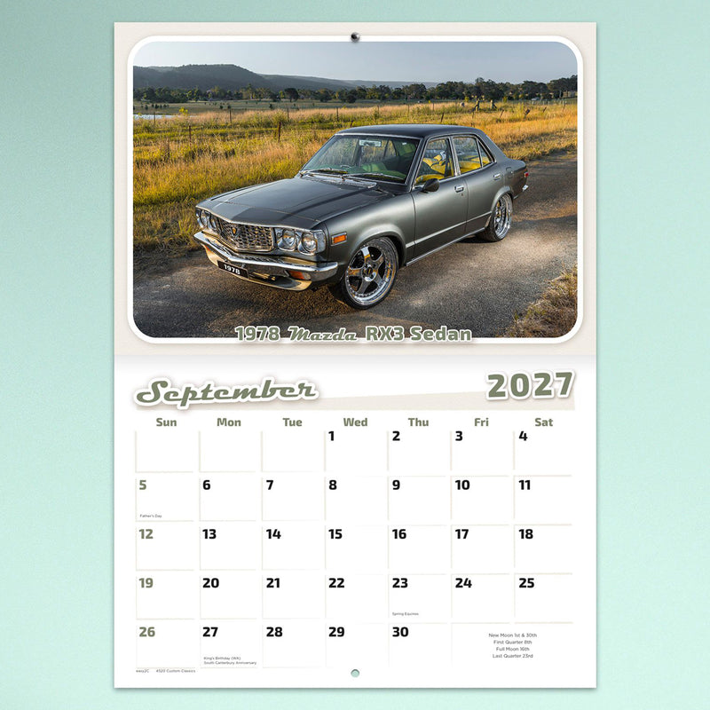 September page highlighting a classic 1978 Mazda RX3 Sedan parked along a scenic country road. The generous monthly planner beneath provides practical organisation for work and personal schedules.