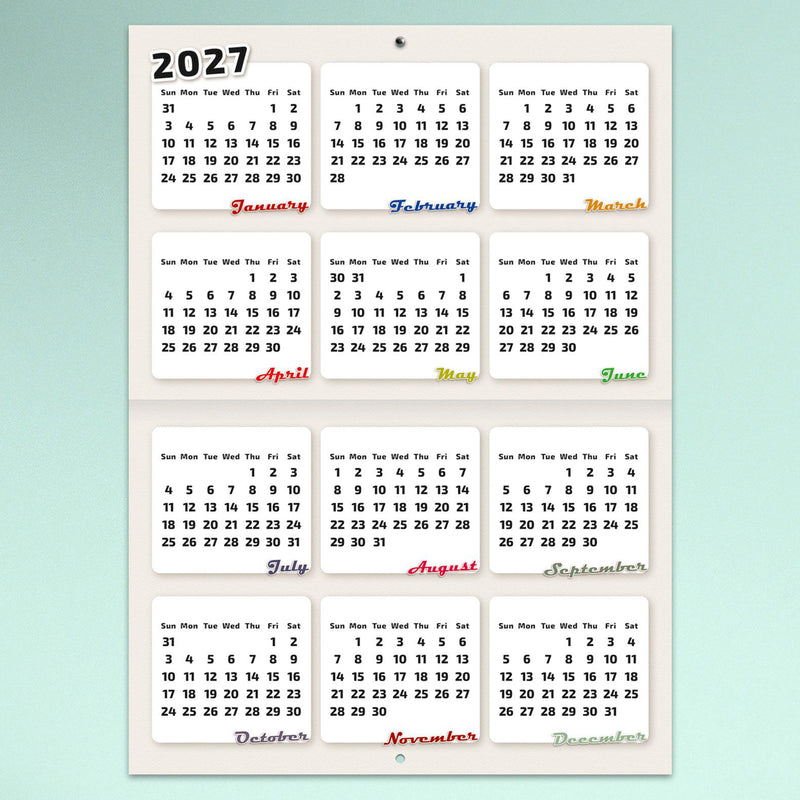 Easy2C Calendar 2027 Stitched Custom Classics A4 annual planner page showing all twelve months on one page. The clean layout provides a practical year at a glance reference for planning important dates.