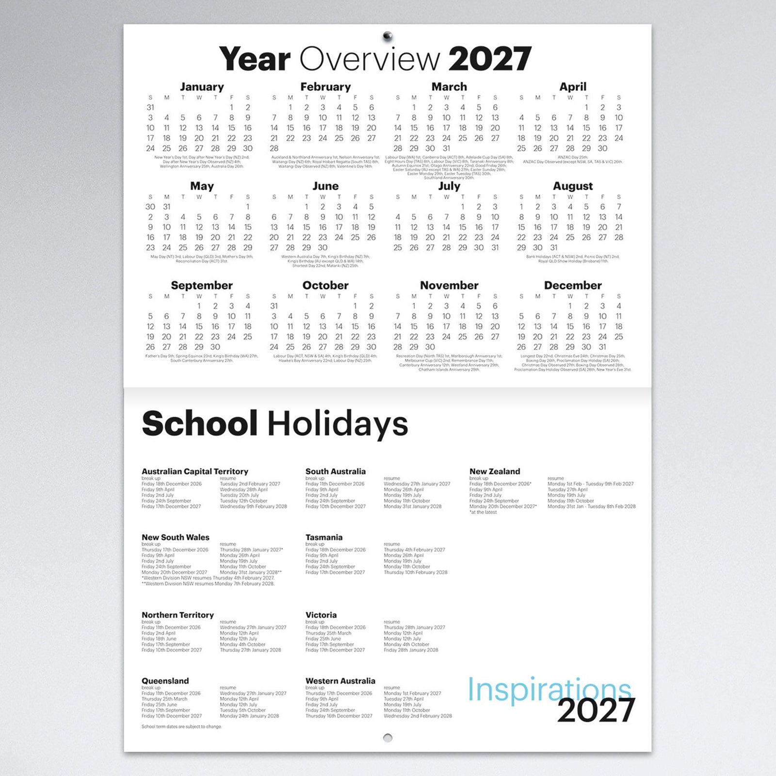 Year overview page featuring the complete 2027 calendar alongside Australian and New Zealand school holiday information. The clean layout provides an easy reference for annual planning and important dates.