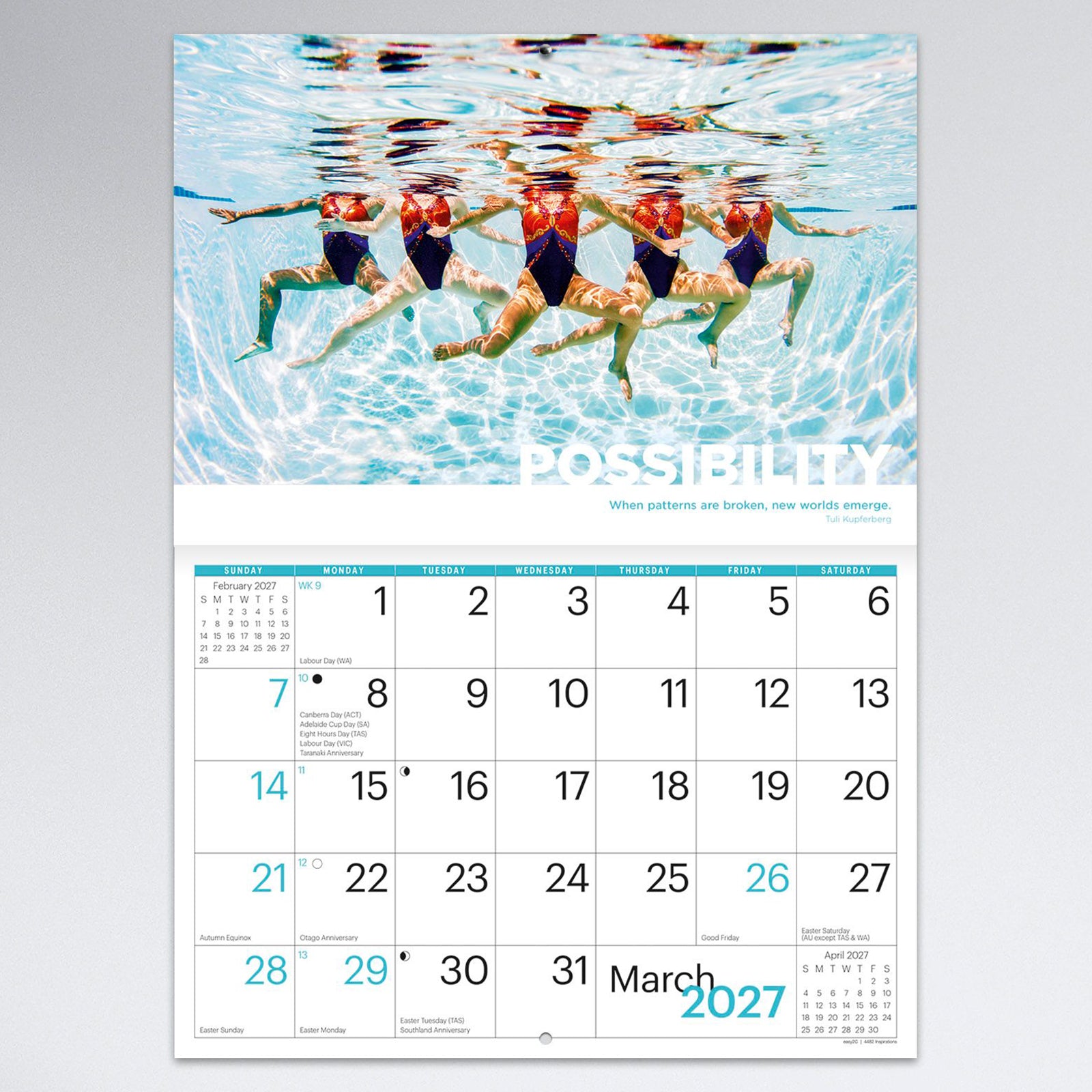 March monthly calendar page highlighting synchronised swimmers beneath clear blue water with the theme Possibility. The colourful image pairs with a spacious monthly planner for everyday scheduling.
