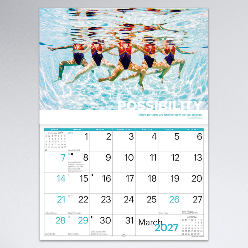 March monthly calendar page highlighting synchronised swimmers beneath clear blue water with the theme Possibility. The colourful image pairs with a spacious monthly planner for everyday scheduling.