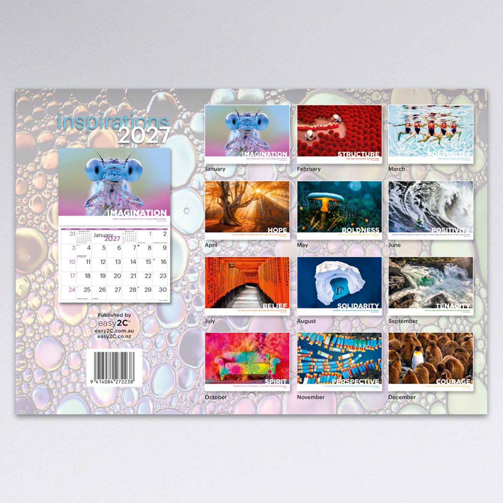 Rear cover of the Easy2C Inspirations 2027 calendar showing thumbnail previews of all twelve monthly inspirational photographs together with publishing information and barcode, providing an overview of the yearly artwork collection.