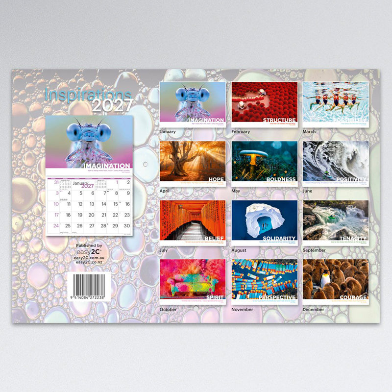 Rear cover of the Easy2C Inspirations 2027 calendar showing thumbnail previews of all twelve monthly inspirational photographs together with publishing information and barcode, providing an overview of the yearly artwork collection.