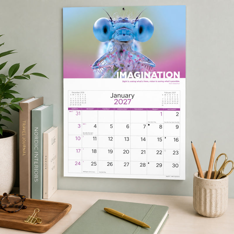 Easy2C Inspirations 2027 A4 stitched calendar displayed above a modern office desk featuring the January page. A colourful close up insect photograph with an inspirational message creates an uplifting workspace surrounded by stationery, books and indoor plants.