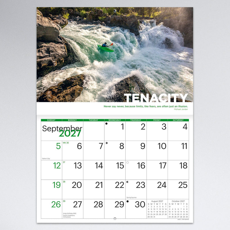 September monthly calendar page displaying an exciting white water kayaking scene with the theme Tenacity. The action photograph complements the practical monthly planner with an inspiring outdoor adventure image.