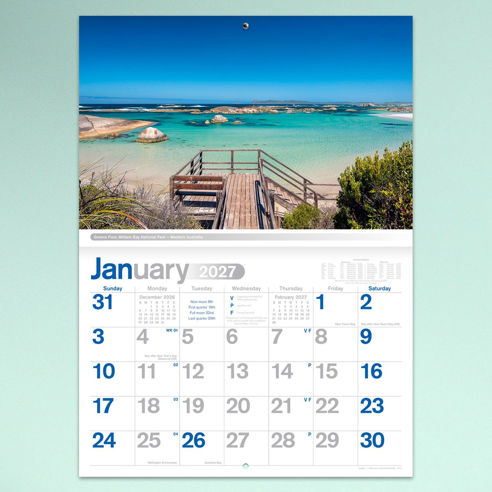 The January calendar page displaying the turquoise waters of Greens Pool in William Bay National Park, Western Australia with a practical monthly calendar beneath the scenic image.