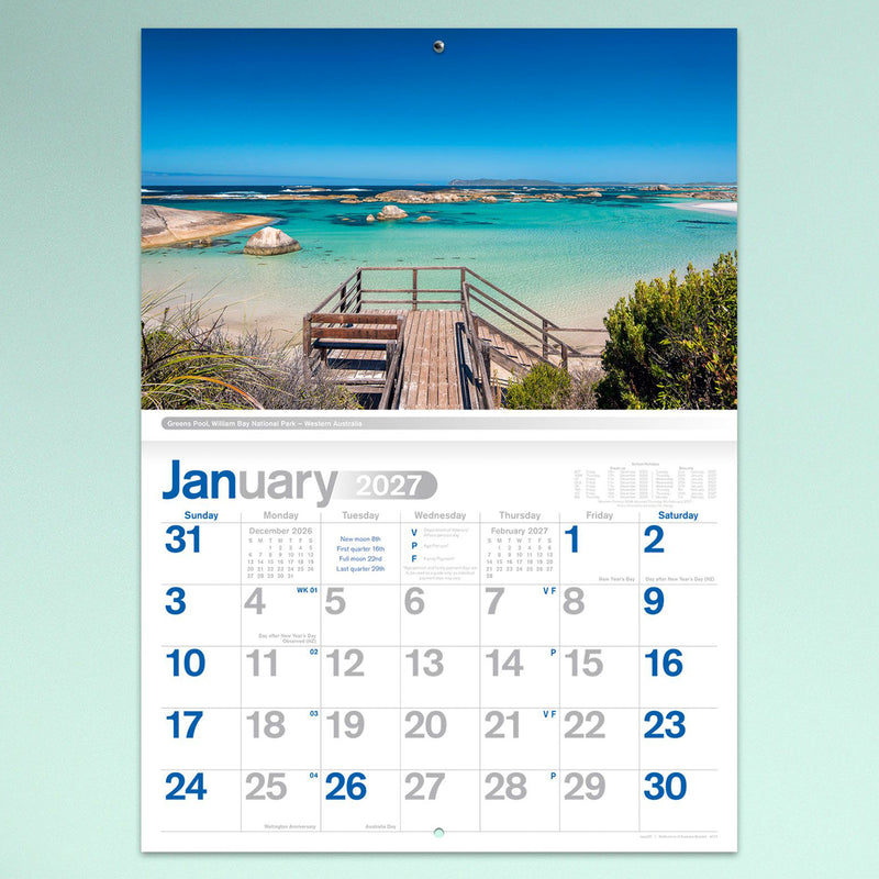 The January calendar page displaying the turquoise waters of Greens Pool in William Bay National Park, Western Australia with a practical monthly calendar beneath the scenic image.