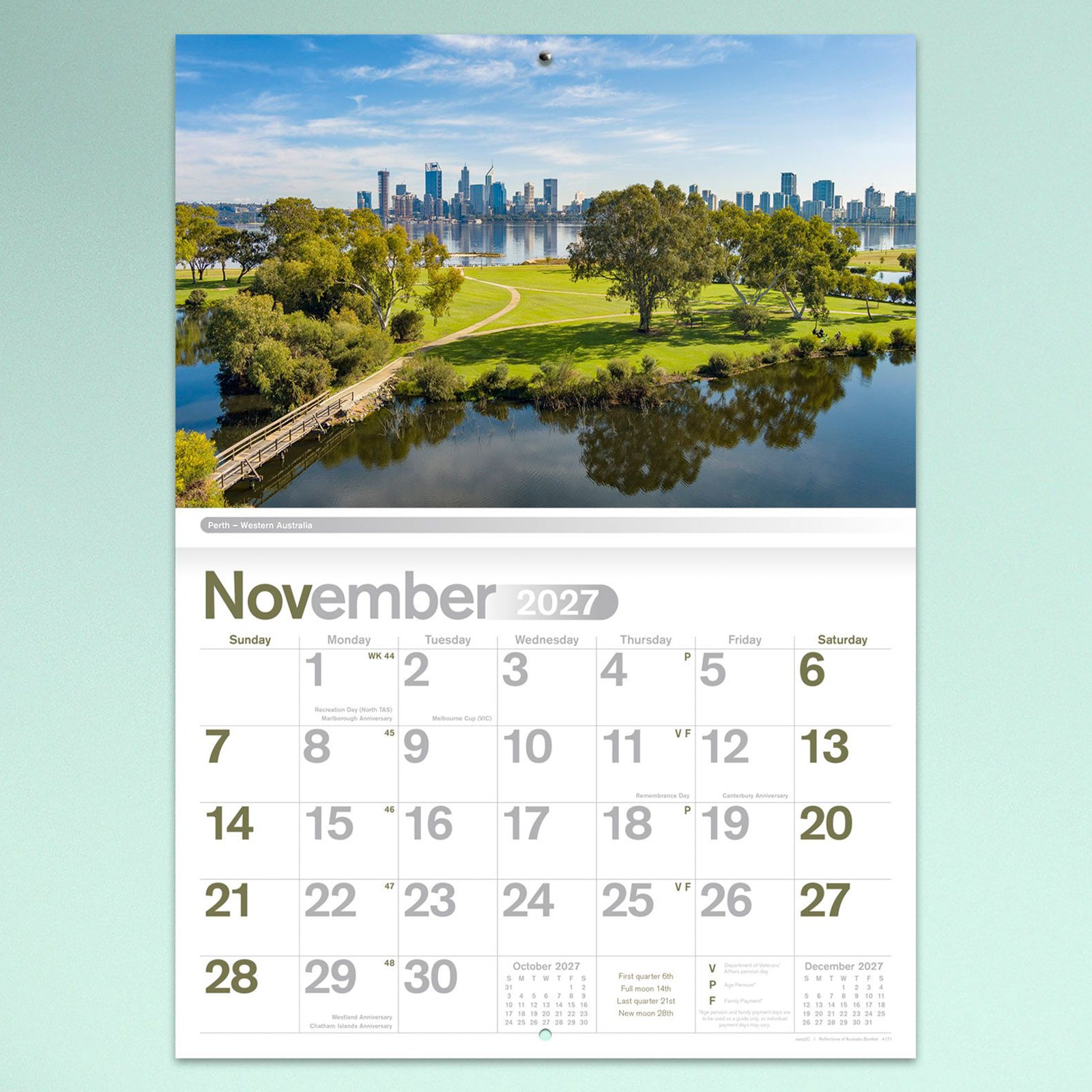 The November calendar page featuring Perth, Western Australia with panoramic parkland and city skyline photography above a spacious monthly planning grid.