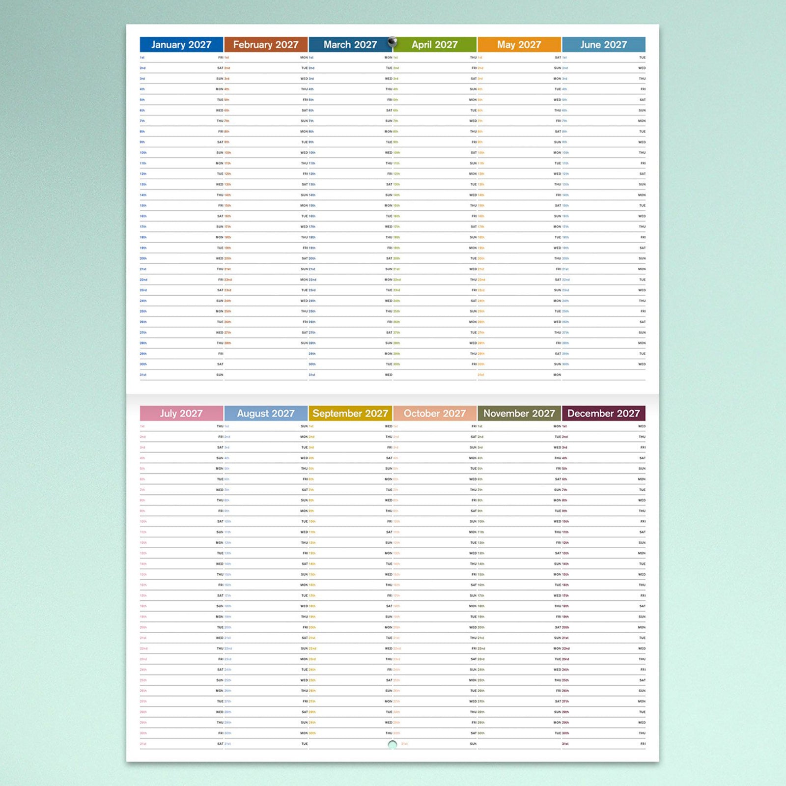 The included yearly planner supplied with the Easy2C Reflections of Australia 2027 calendar, showing all twelve months across a single planning sheet for convenient annual scheduling.