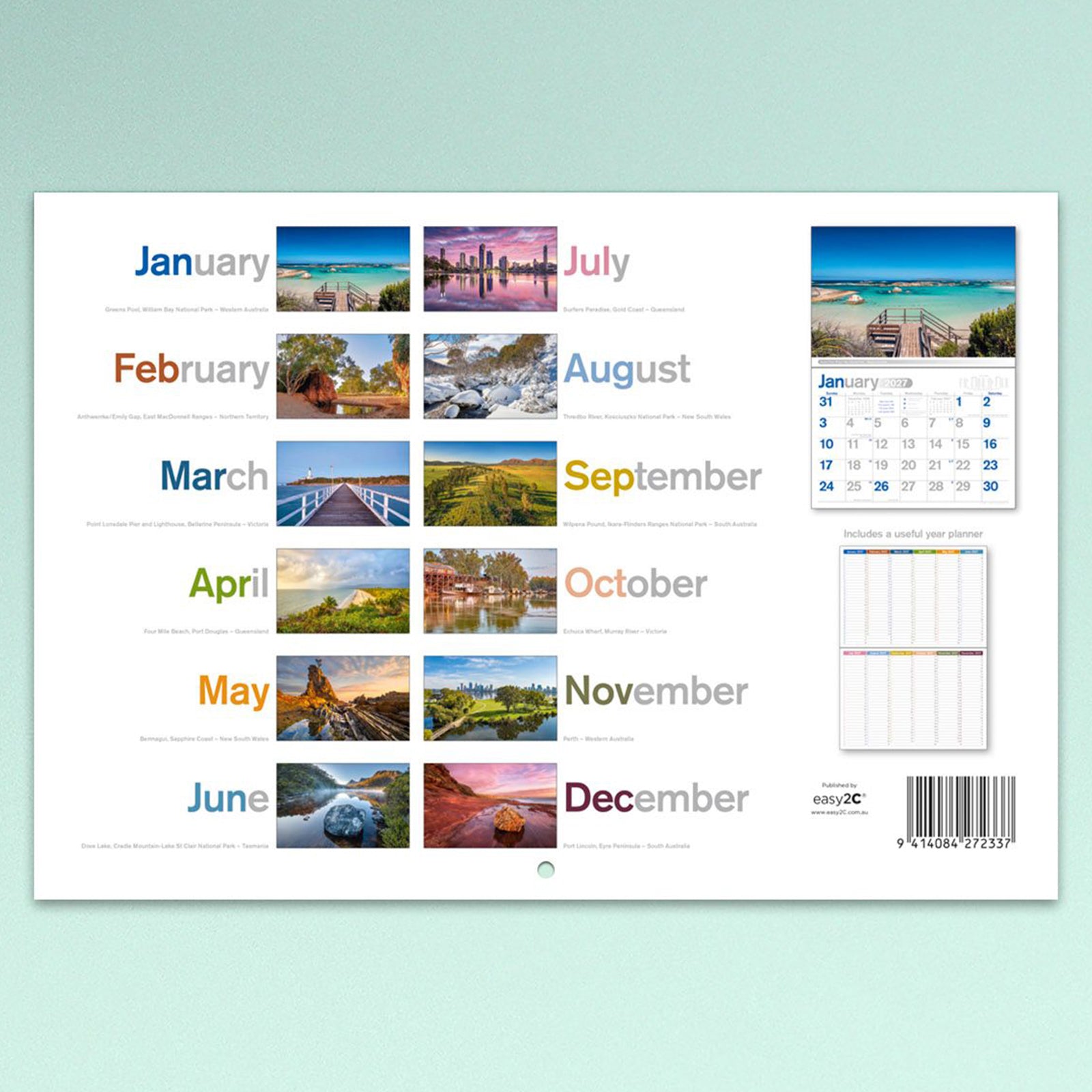 The reverse side of the Easy2C Reflections of Australia 2027 calendar displaying all monthly scenic image previews, a sample monthly layout, yearly planner and product information on a clean white background.