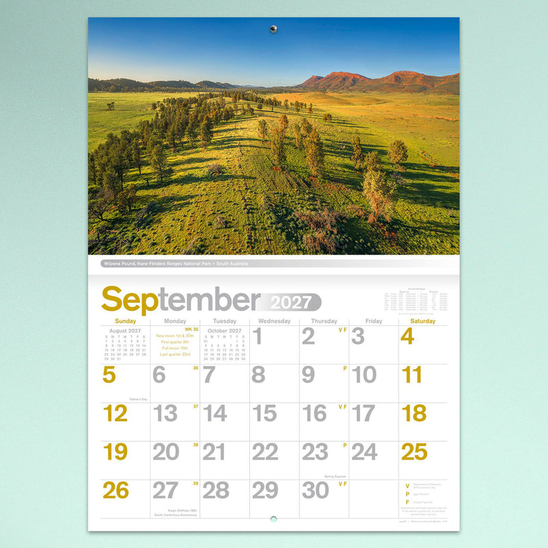 The September calendar page showcasing Wilpena Pound in Ikara Flinders Ranges National Park, South Australia with expansive landscape photography and an easy to read monthly calendar.