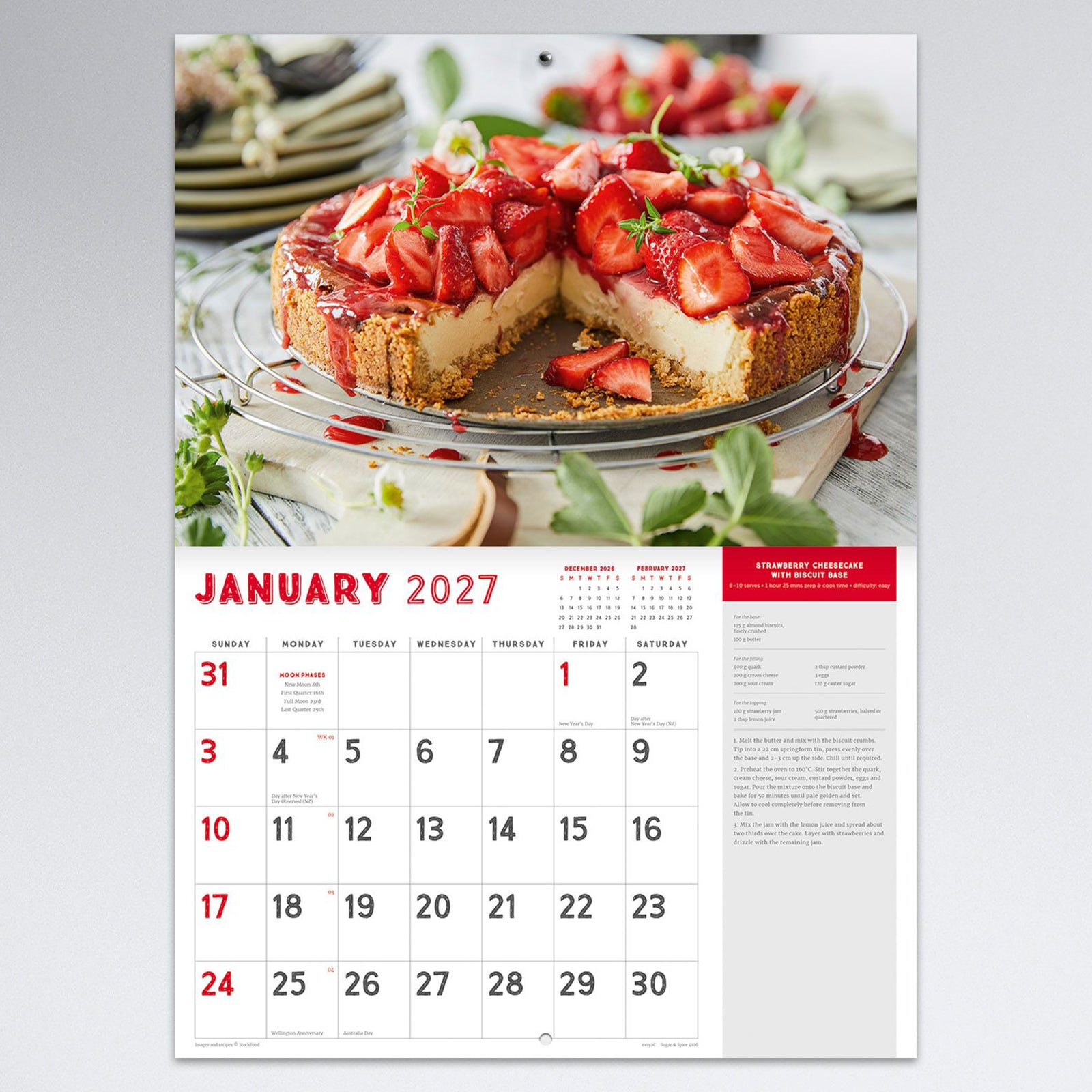 January calendar page featuring strawberry cheesecake with biscuit base, vibrant food photography and an easy to read monthly planner suitable for kitchens or home offices.