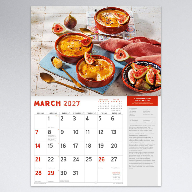 March calendar page displaying almond creme brulee with marinated figs alongside a clear monthly calendar and detailed recipe instructions, combining food inspiration with everyday organisation.