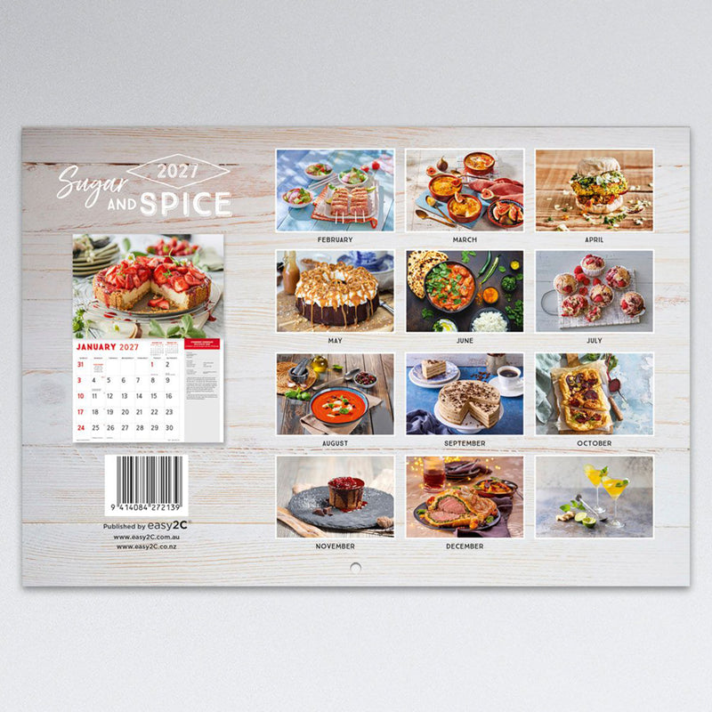 Rear cover of the Easy2C Sugar and Spice 2027 calendar showing thumbnail previews of every monthly recipe image, barcode, branding and overall calendar layout for the full year.