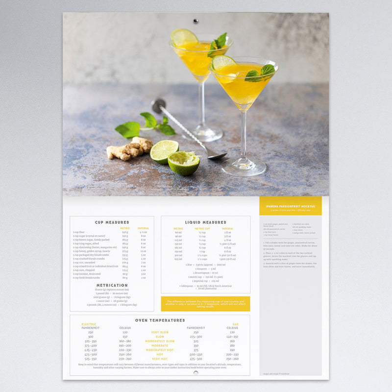 Kitchen reference page featuring a passionfruit mocktail recipe together with measurement conversions, liquid measures and oven temperature guides, making the calendar a practical cooking companion.
