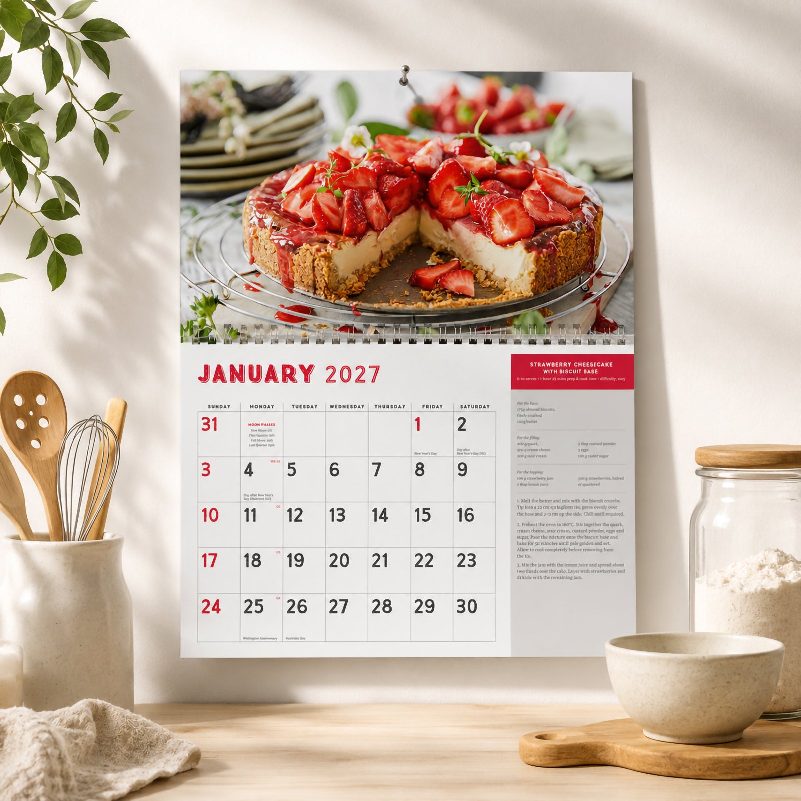 The January page of the Easy2C Sugar and Spice 2027 calendar featuring a strawberry cheesecake recipe displayed on a kitchen wall. The A4 calendar shows a spacious monthly planner with recipe instructions and decorative food photography.